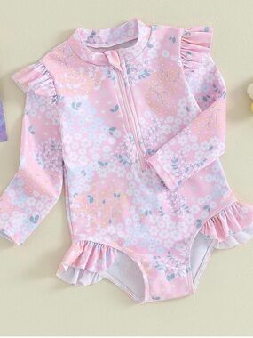 Long-Sleeve Pink Floral Ruffle Kids Swimsuit
